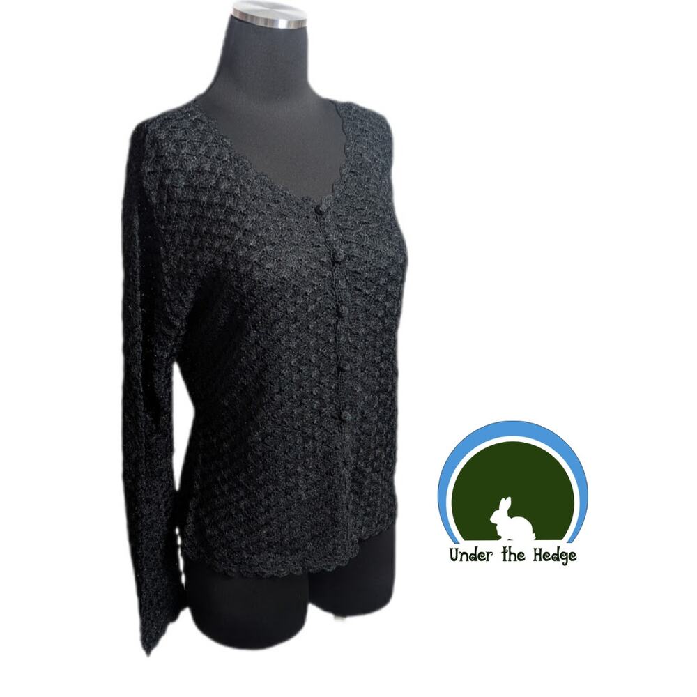 Vtg Blueberry Hill Black Metallic Crochet Cardigan Sweater Medium whimsigoth